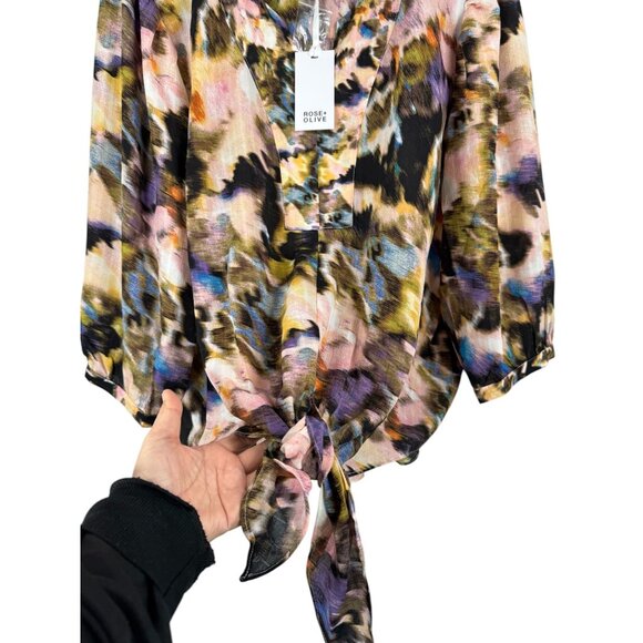 Rose+Olive abstract artsy bohemian blouse front tie sz 2X - Picture 4 of 9